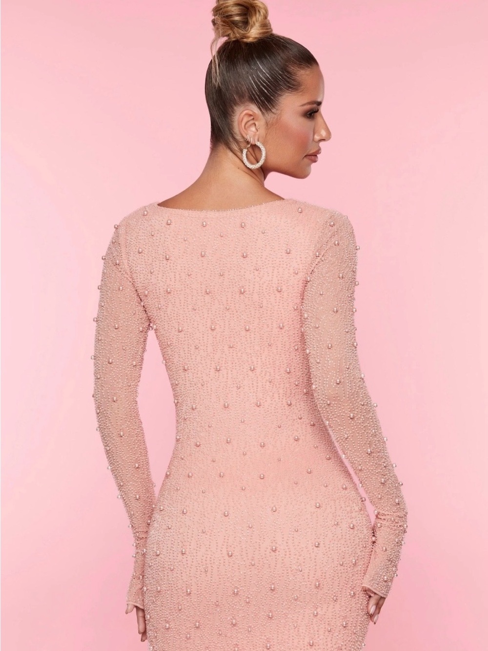 Oh Polly Pink Pearl-Embellished Long Sleeve Bodycon Dress size 2 - Picture 2 of 6